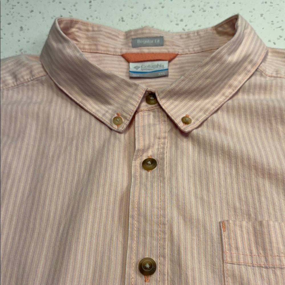 Columbia Pink Stripe Button Down Shirt Mens XXL Short Sleeve Cotton Stretch XXL - Picture 6 of 9